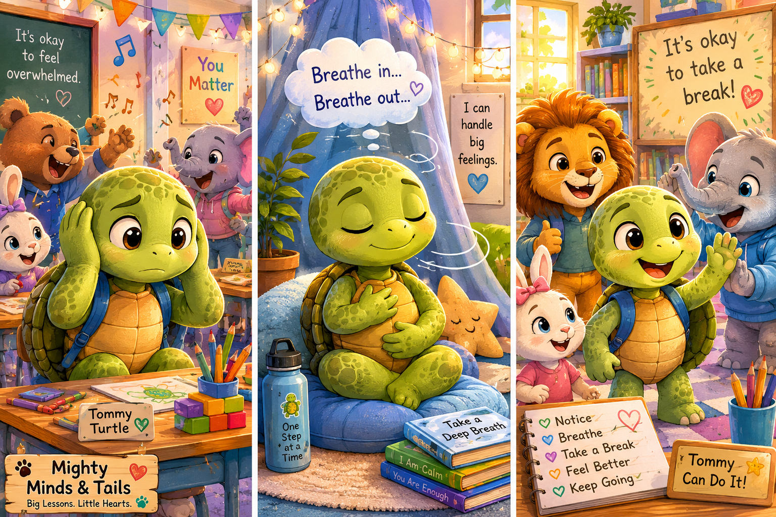 Tommy Turtle curled softly in his shell, surrounded by calming shapes and stars
