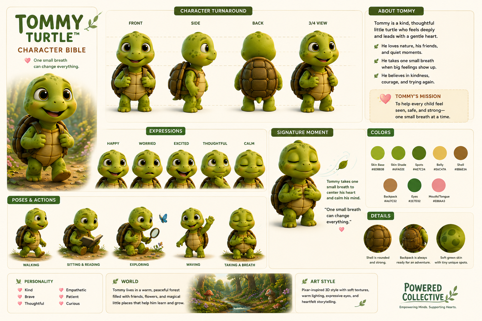 Tommy Turtle character guide showing his poses, expressions and personality