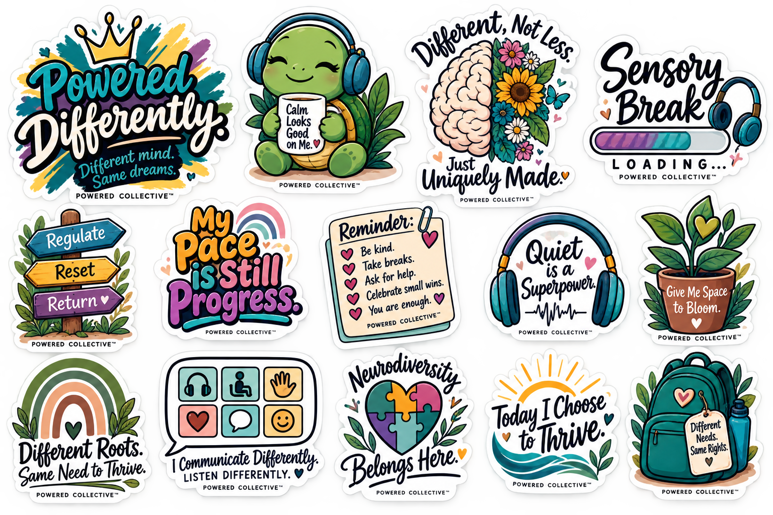 Powered Collective neurodiversity sticker sheet with 12 affirming designs