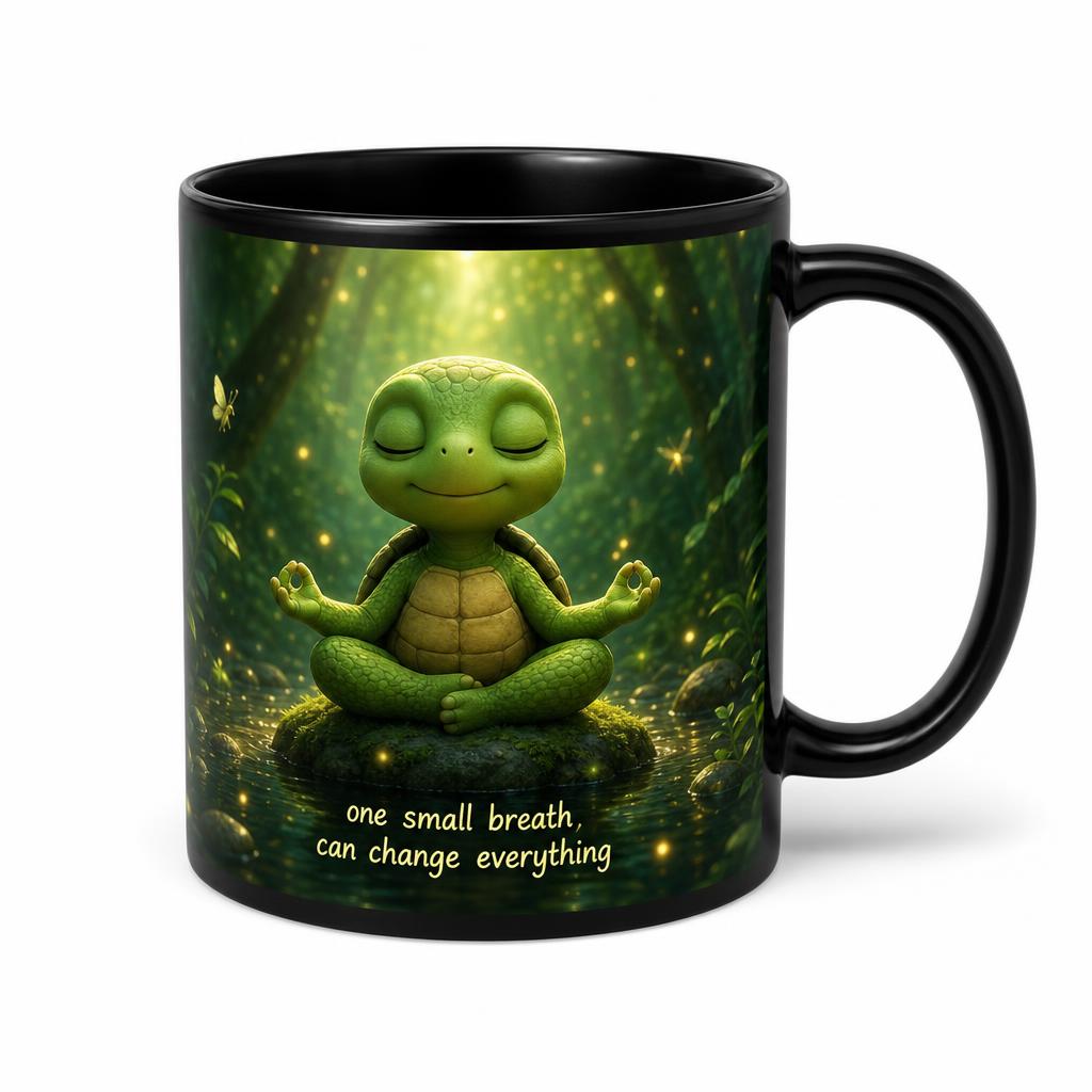 Black ceramic mug printed with meditating Tommy Turtle and "one small breath can change everything"
