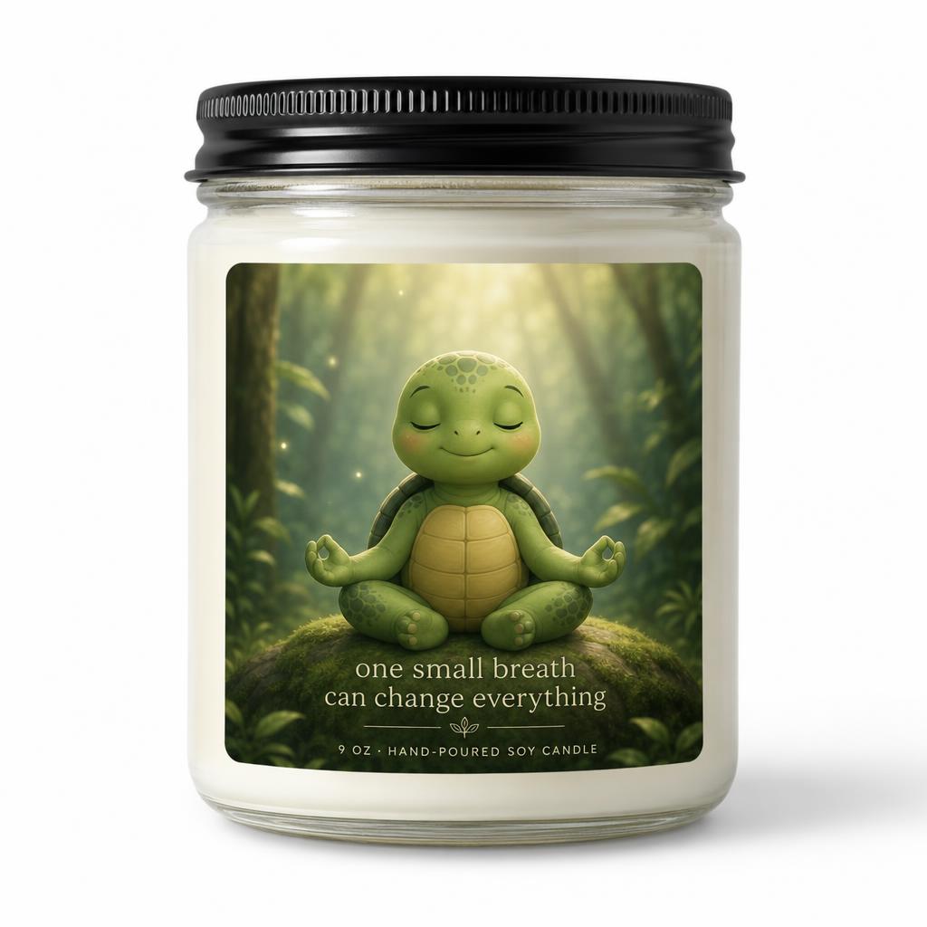 9 oz hand-poured Tommy Turtle calming soy candle in a glass jar