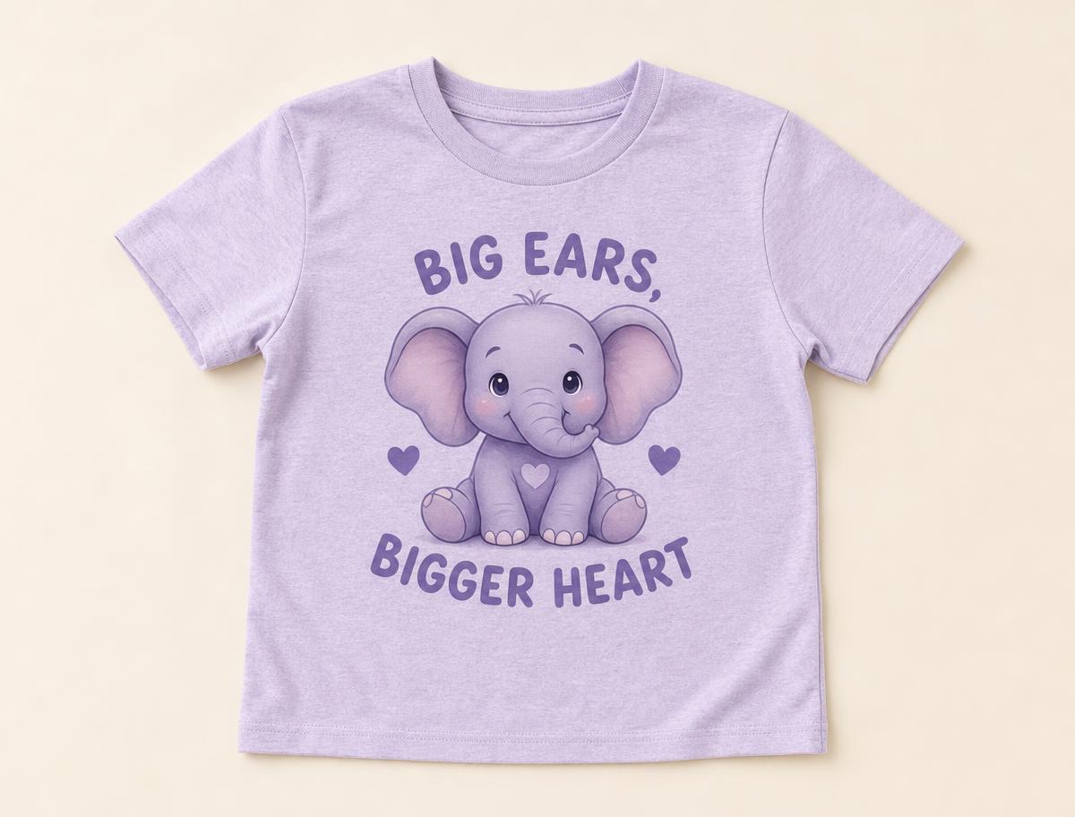 Heather lavender kids t-shirt printed with Ellie the Elephant and Big Ears Bigger Heart