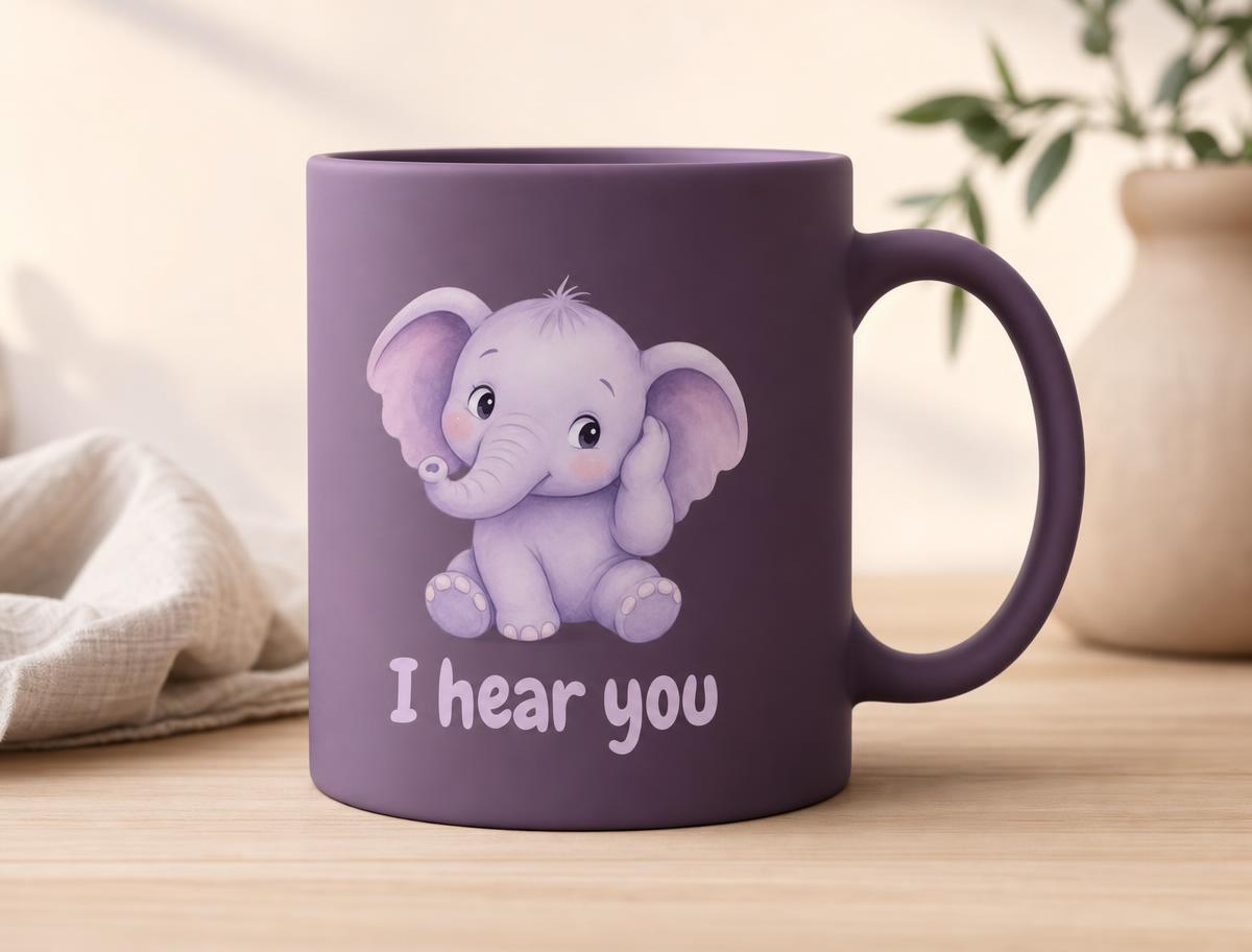 Matte purple Ellie the Elephant I Hear You ceramic mug
