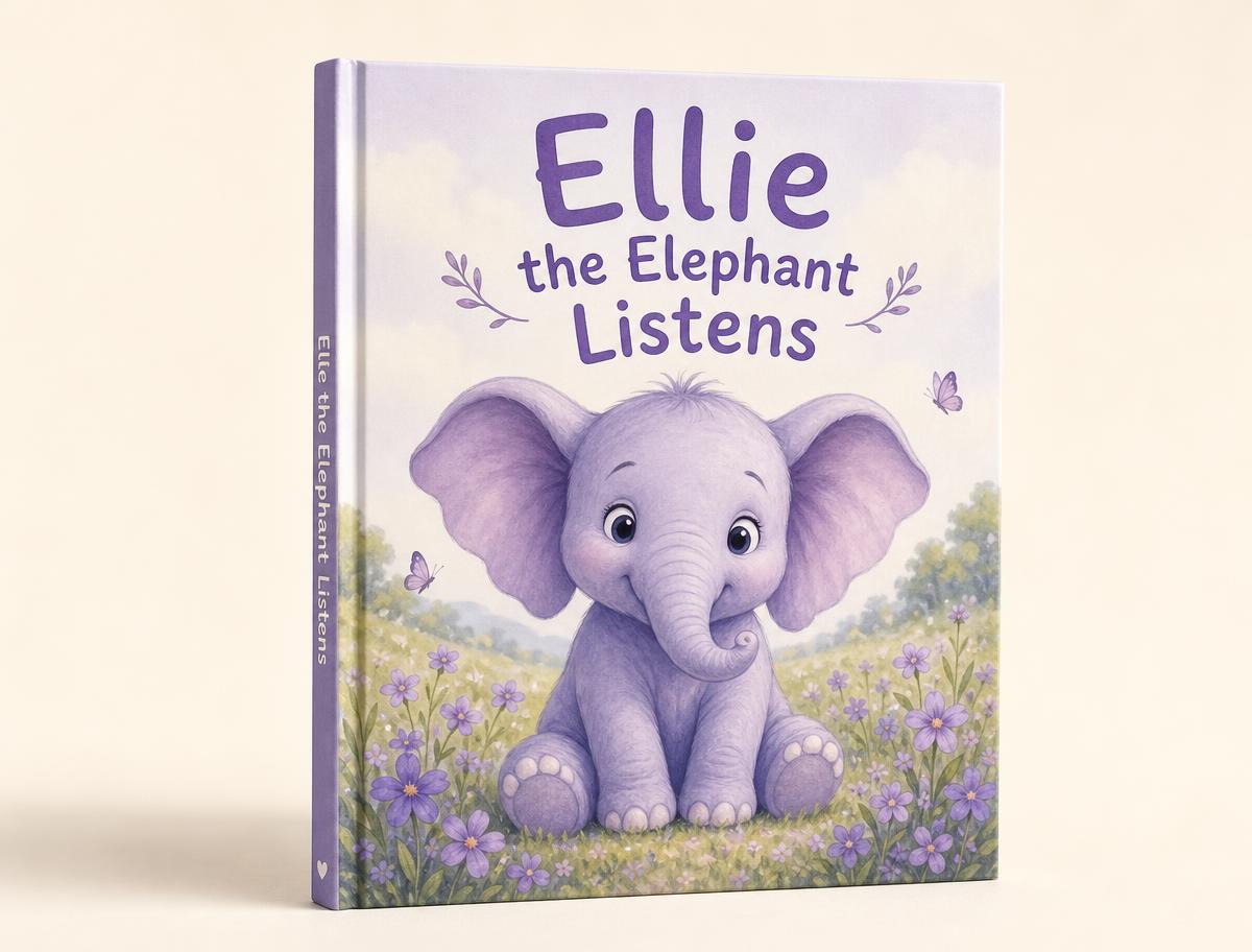 Ellie the Elephant Listens children's picture book standing upright