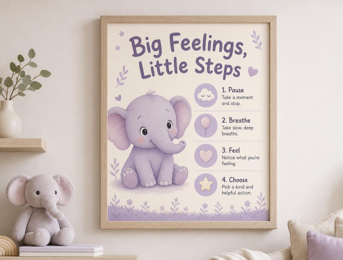 Framed Big Feelings Little Steps Ellie the Elephant regulation poster