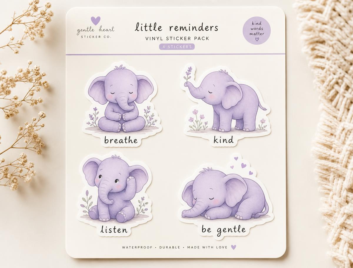 Ellie the Elephant vinyl sticker pack with breathe, kind, listen and be gentle stickers