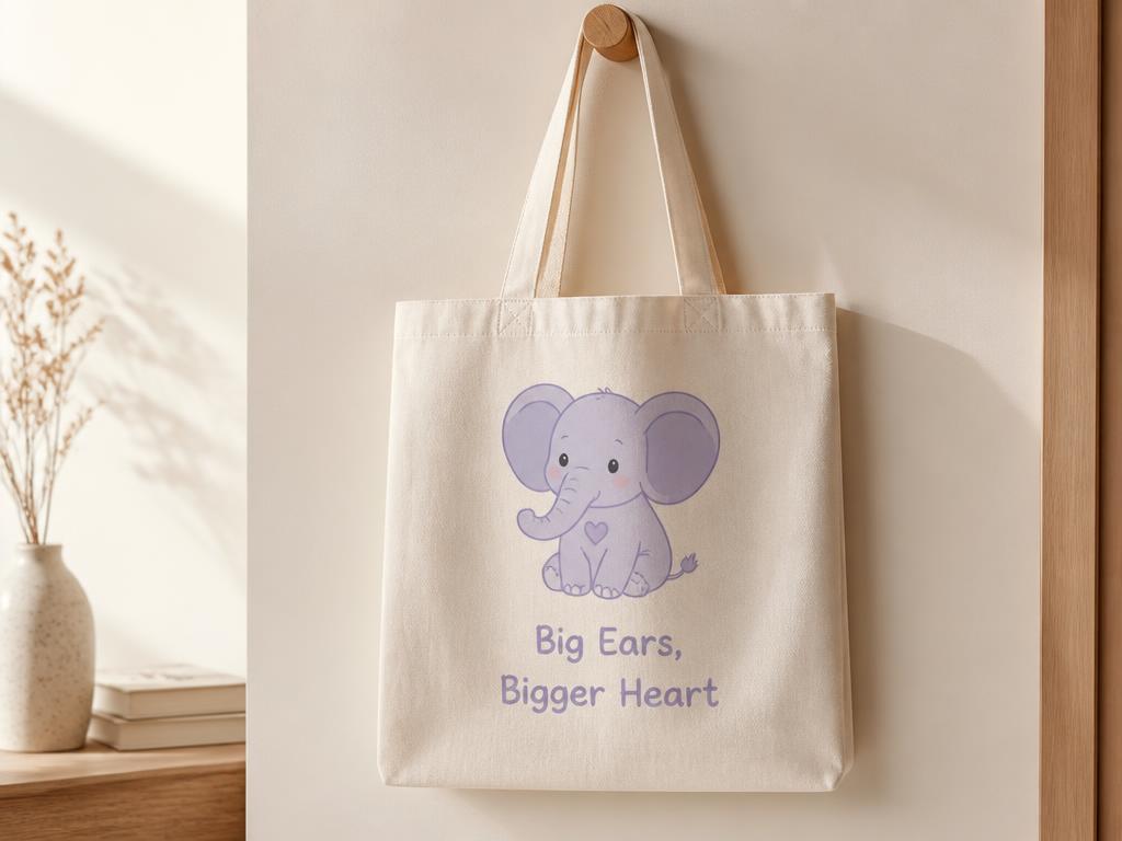Natural canvas tote bag printed with Ellie the Elephant and Big Ears Bigger Heart