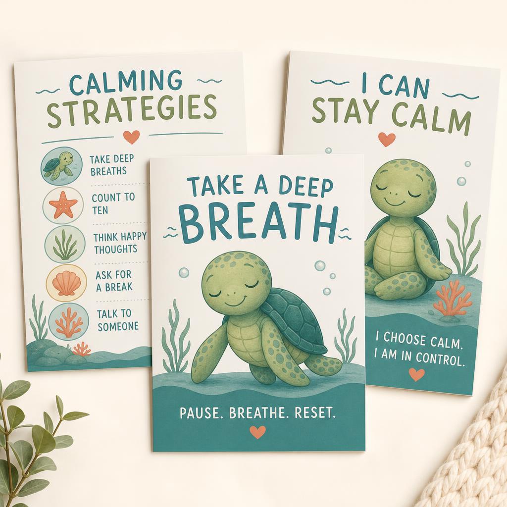 Set of three Tommy Turtle calm corner classroom posters