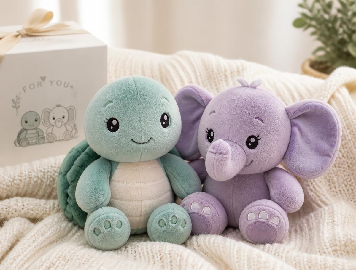 Tommy Turtle and Ellie the Elephant plush gift set on a cream blanket