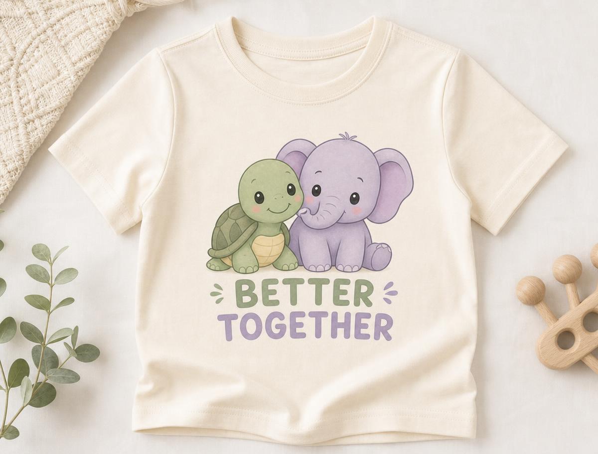 Cream kids t-shirt with Tommy Turtle and Ellie the Elephant and the words Better Together