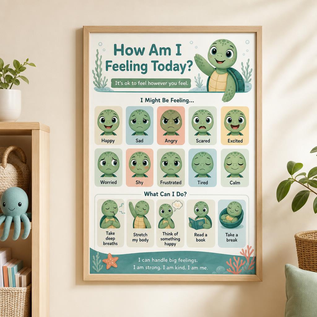 How Am I Feeling Today Tommy Turtle feelings chart poster framed on a wall