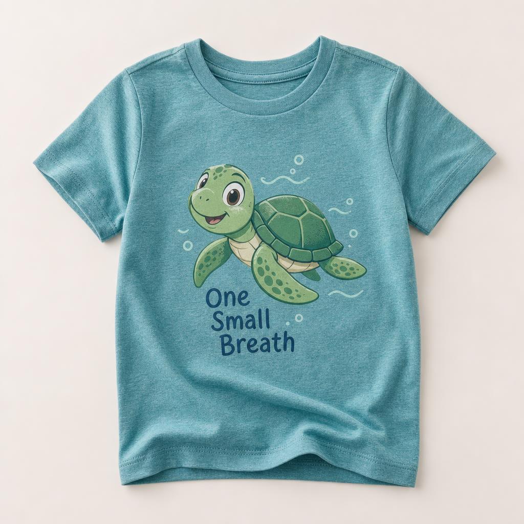 Heather teal sensory-friendly kids t-shirt with Tommy Turtle print