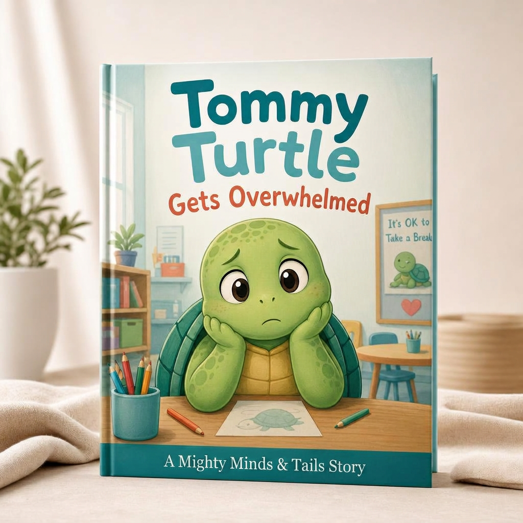 Tommy Turtle Gets Overwhelmed children's picture book standing upright