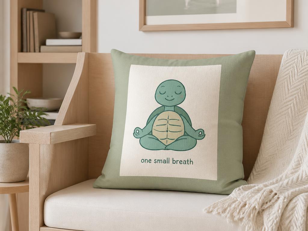 Sage and cream Tommy Turtle one small breath throw pillow on a reading bench