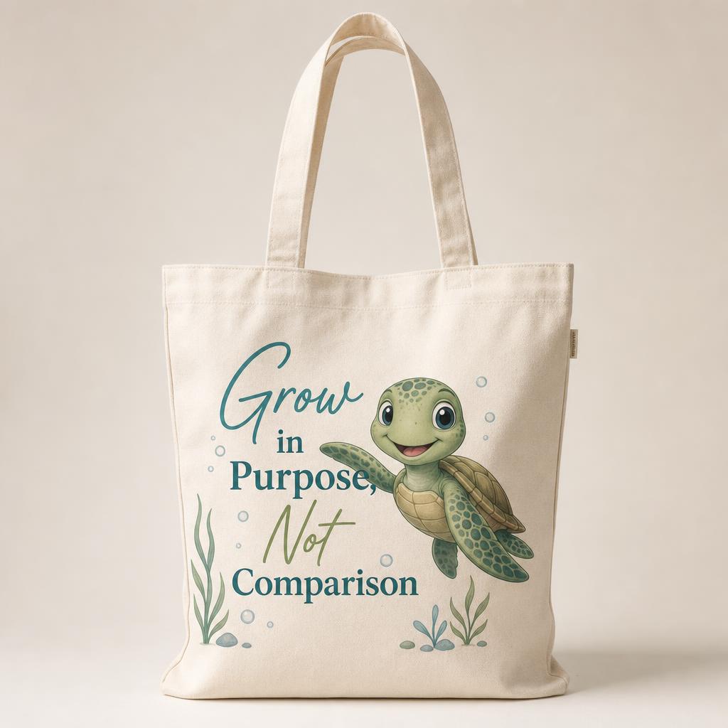 Natural canvas tote bag printed with Grow in Purpose, Not Comparison and Tommy Turtle