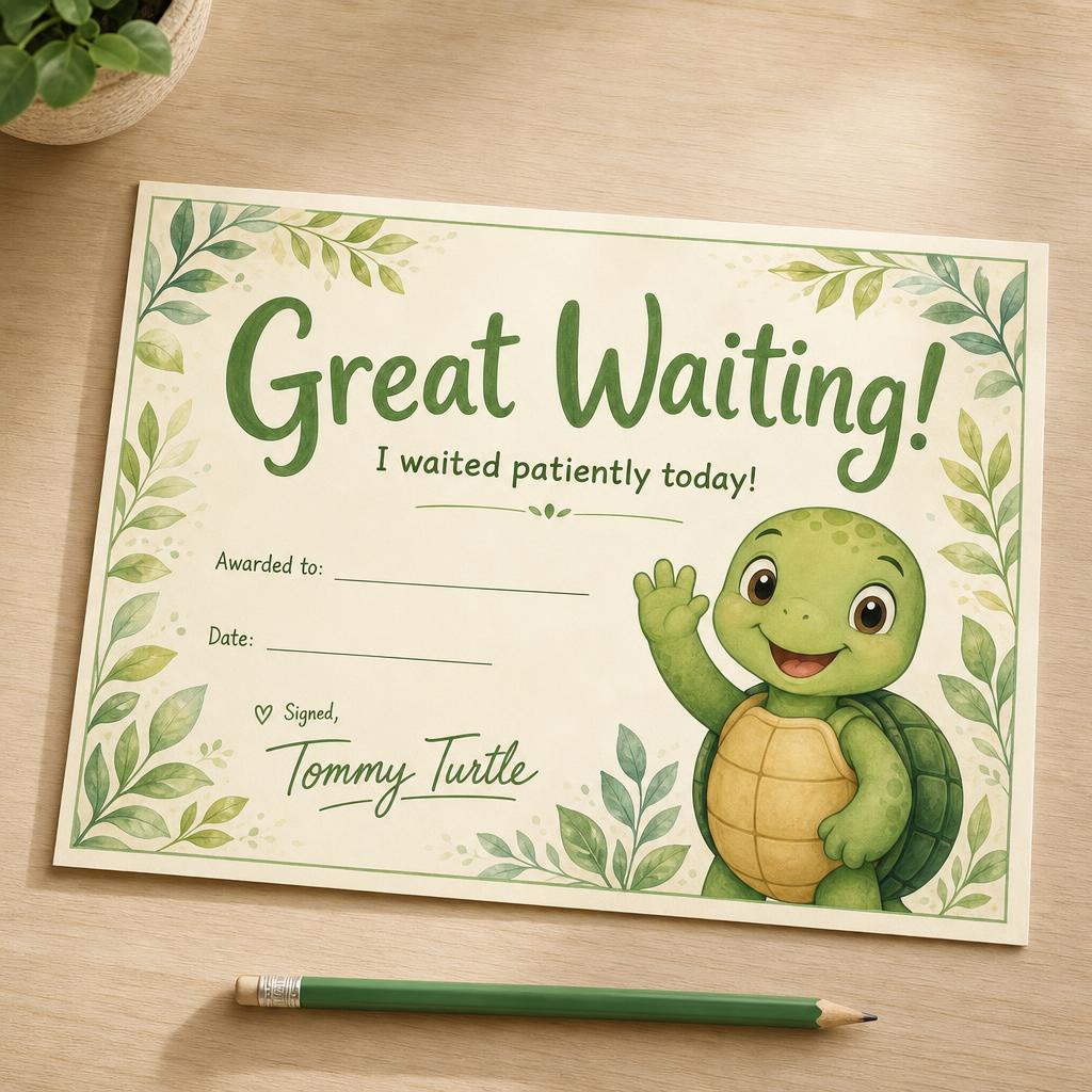 Great Waiting! printable certificate signed by Tommy Turtle